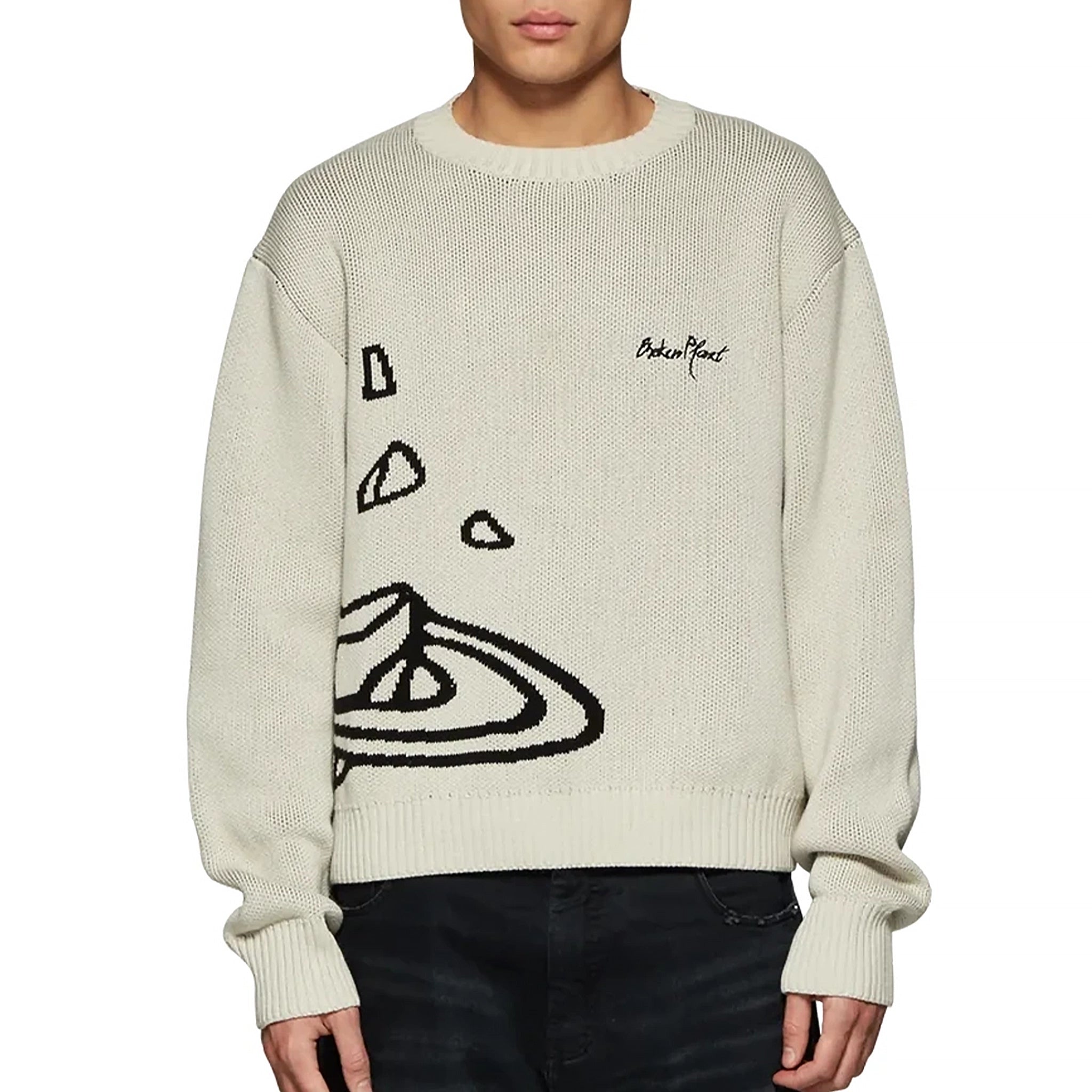 Model front view of Broken Planet Bone White Planet Knit Sweatshirt